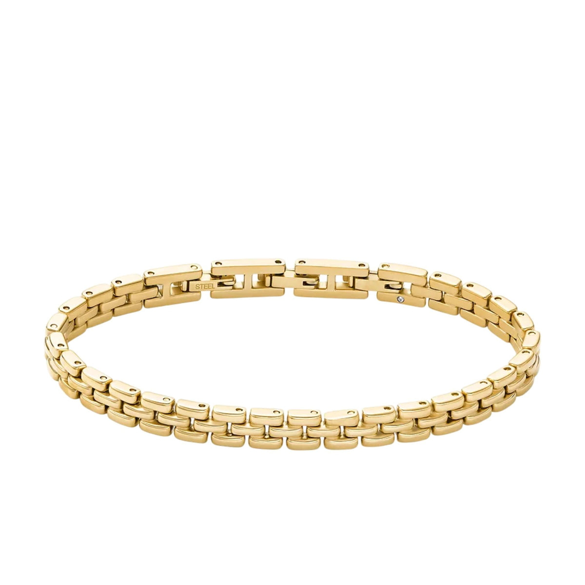 Gold-tone stainless steel link bracelet with rectangular center bars and clasp