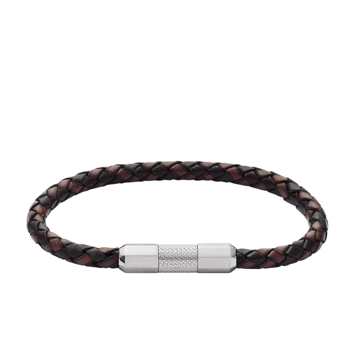 Men's braided leather bracelet with silver-tone central clasp and textured panel