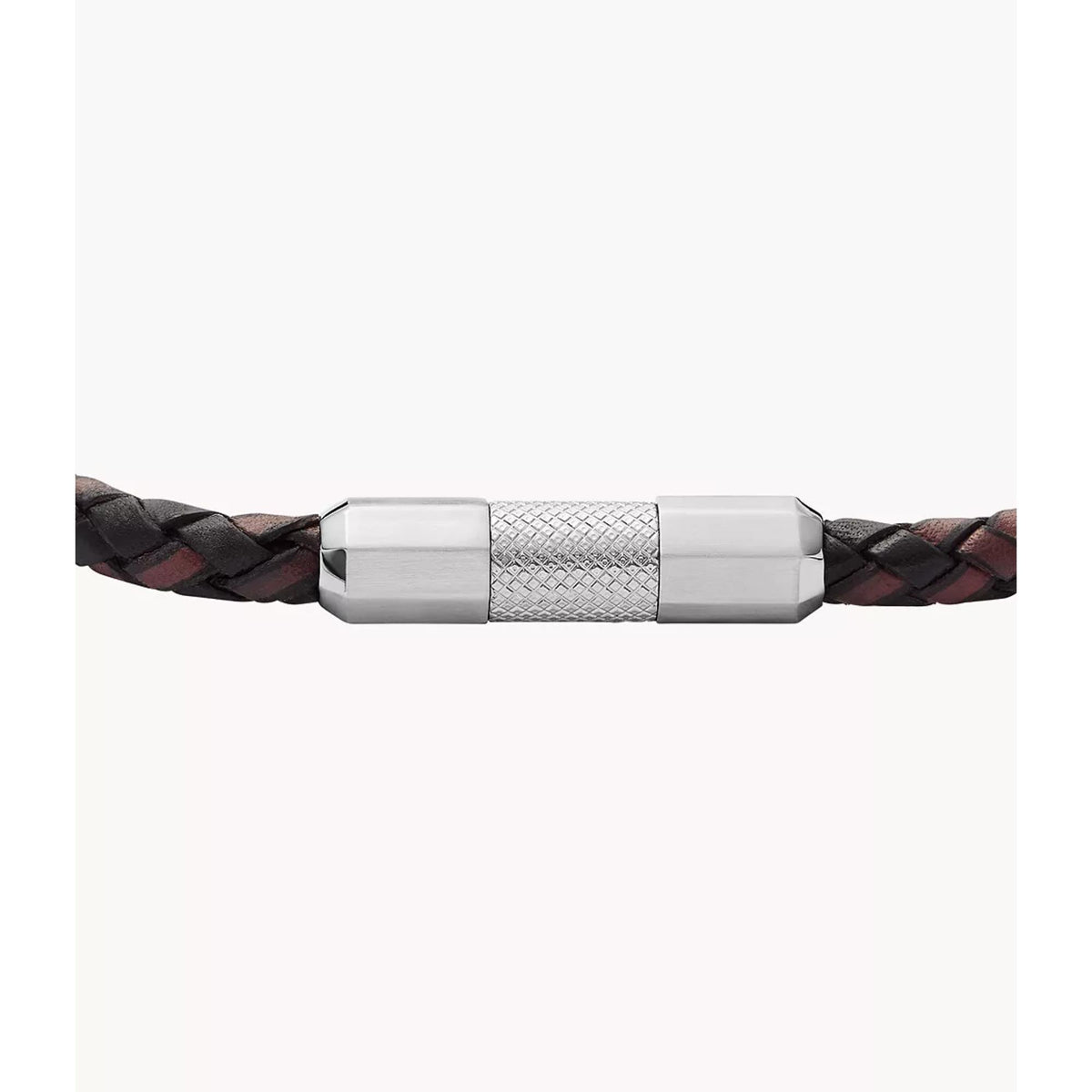 Leather bracelet close-up: braided strap with silver-tone rectangular center clasp