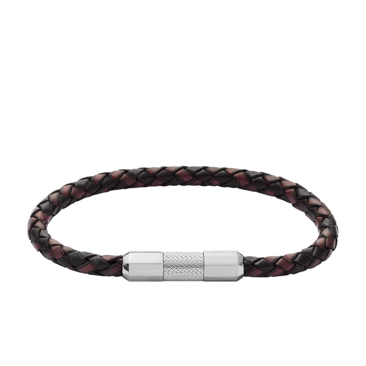 Braided leather bracelet with silver-tone clasp and black-and-burgundy weave