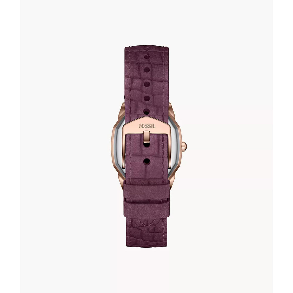 Octagonal rose-gold quartz watch with dark purple leather strap and Roman numeral dial