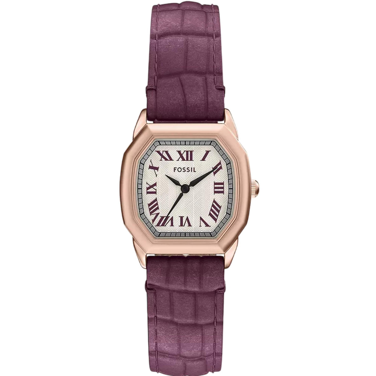 Front view of ladies quartz watch with rose gold case, white Roman numeral dial, dark purple leather strap