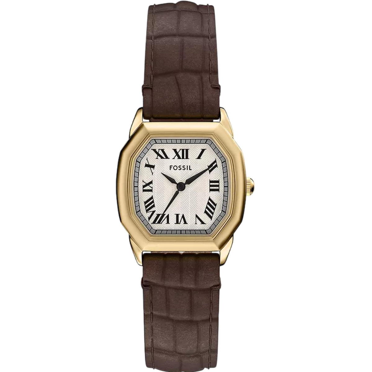 Fossil Harlow quartz wristwatch with cream dial, Roman numerals, brown leather strap