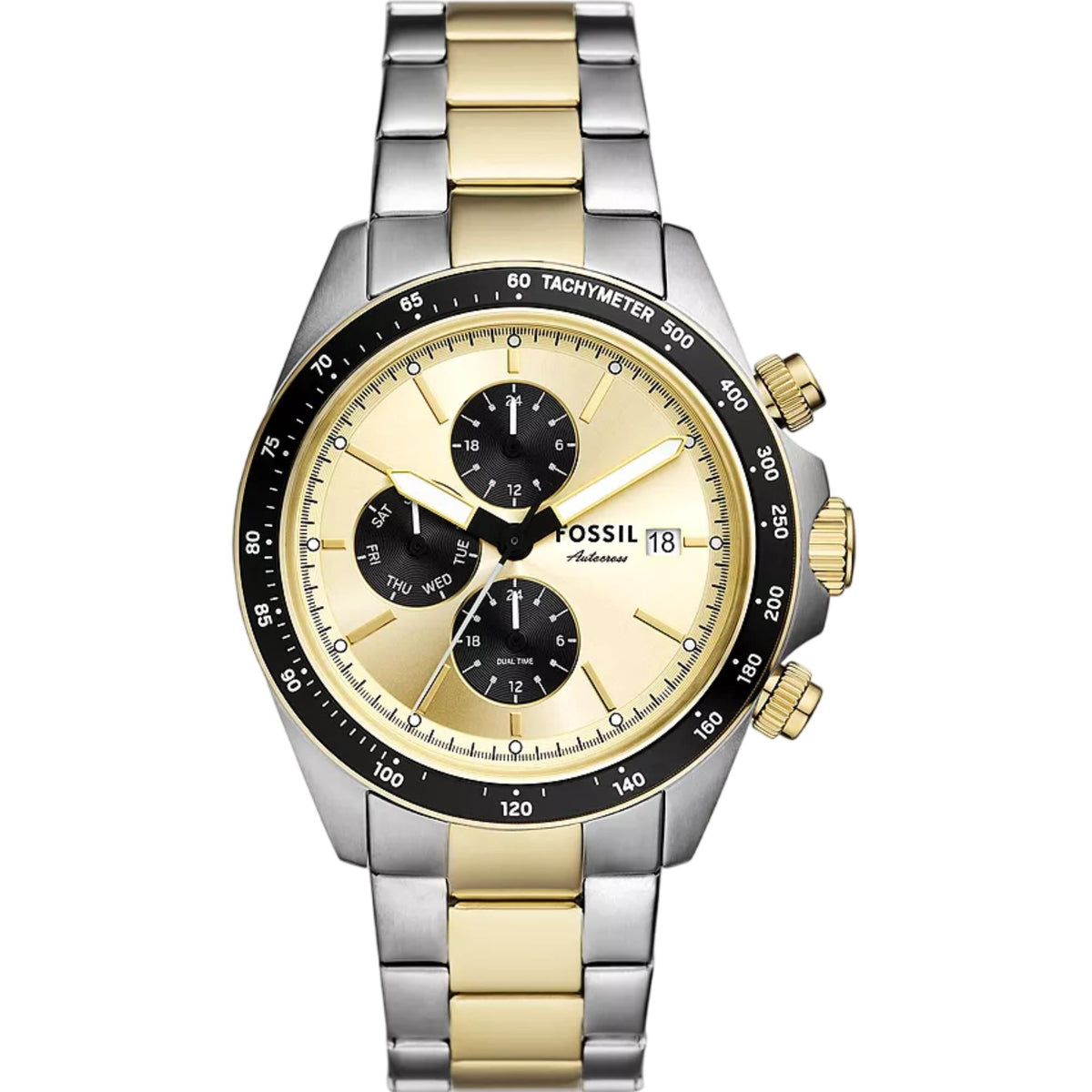 Fossil Autocross FS6126 chronograph watch with gold dial, two-tone steel bracelet, and tachymeter bezel