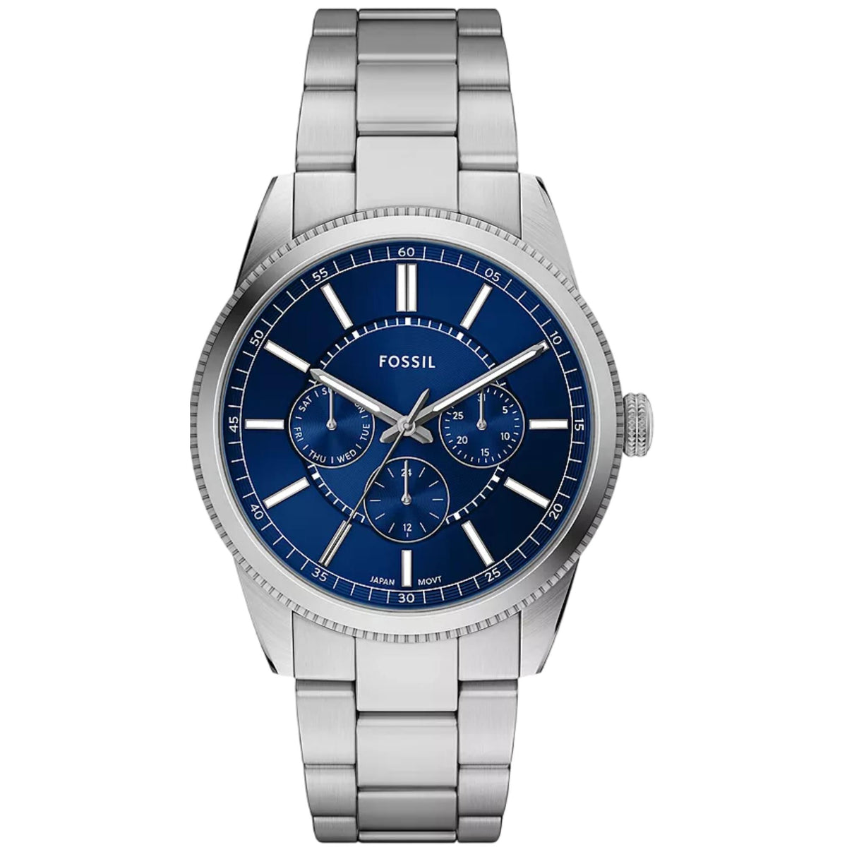Men's chronograph watch close-up with blue dial, silver hands, and subdials