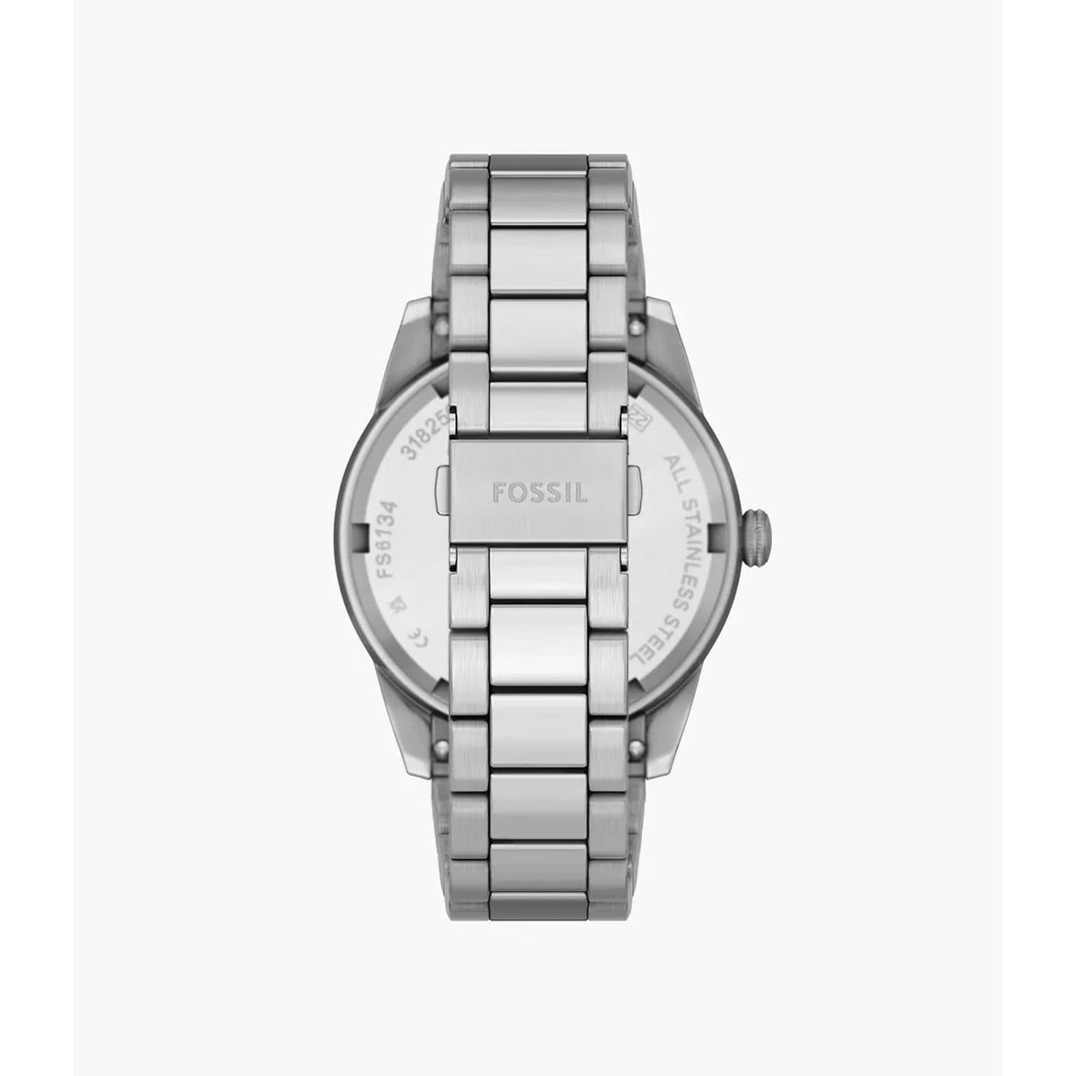Stainless steel chronograph watch with blue dial and linked bracelet, quartz movement