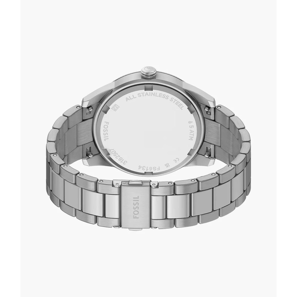 Stainless steel watch back with engraved case and linked bracelet