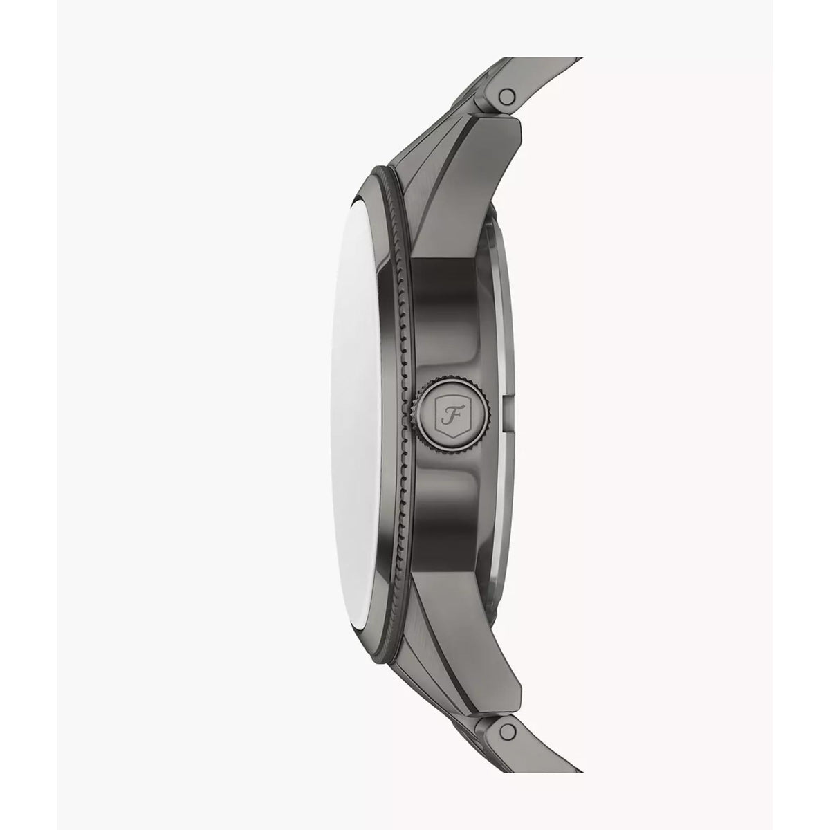 Side profile view of the Fossil Pearson FS6136 watch highlighting the gunmetal stainless steel case and textured crown