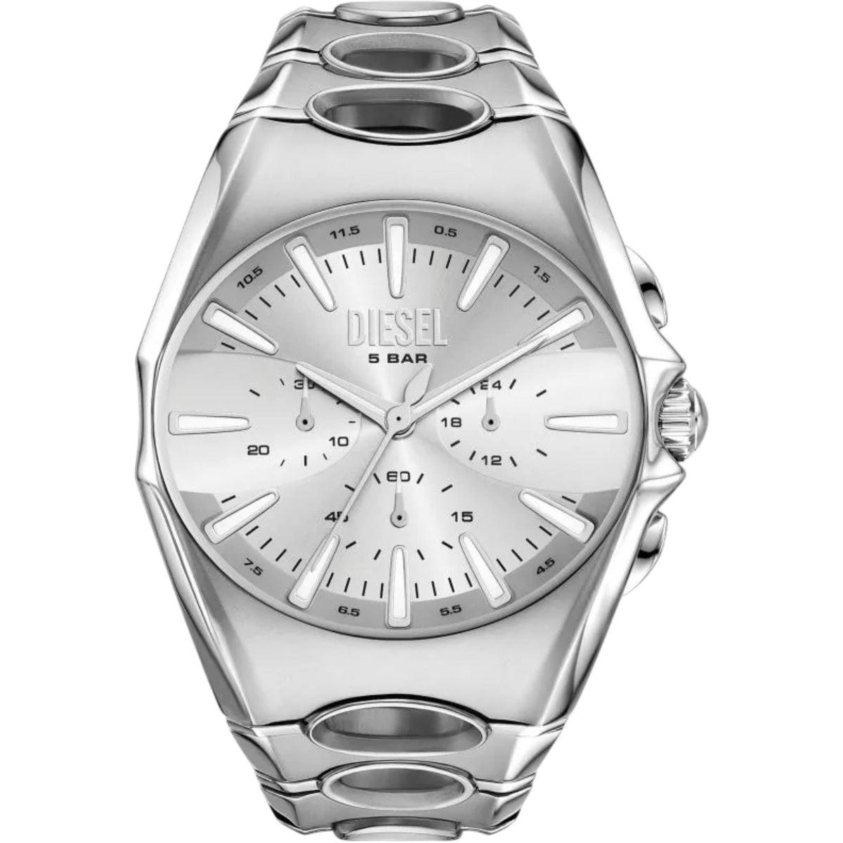 Men's steel chronograph watch with white/silver dial, three subdials, round crown