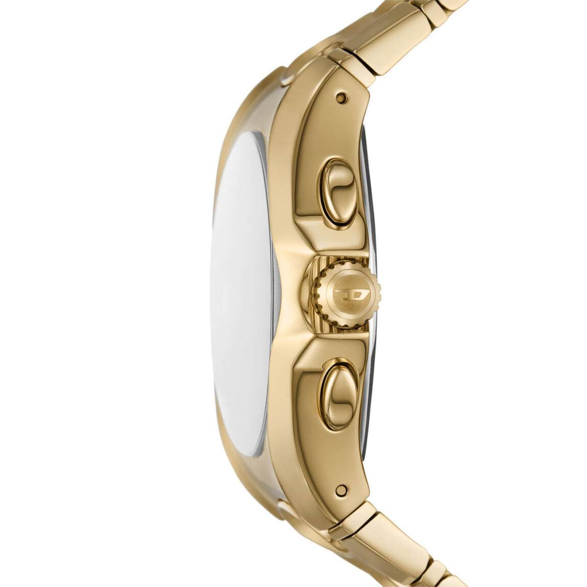 Gold-tone steel watch case side with crown and visible side button