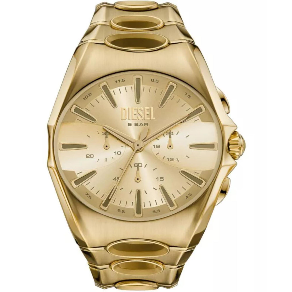 Gold-tone chronograph watch face with light dial, subdials, and DIESEL text