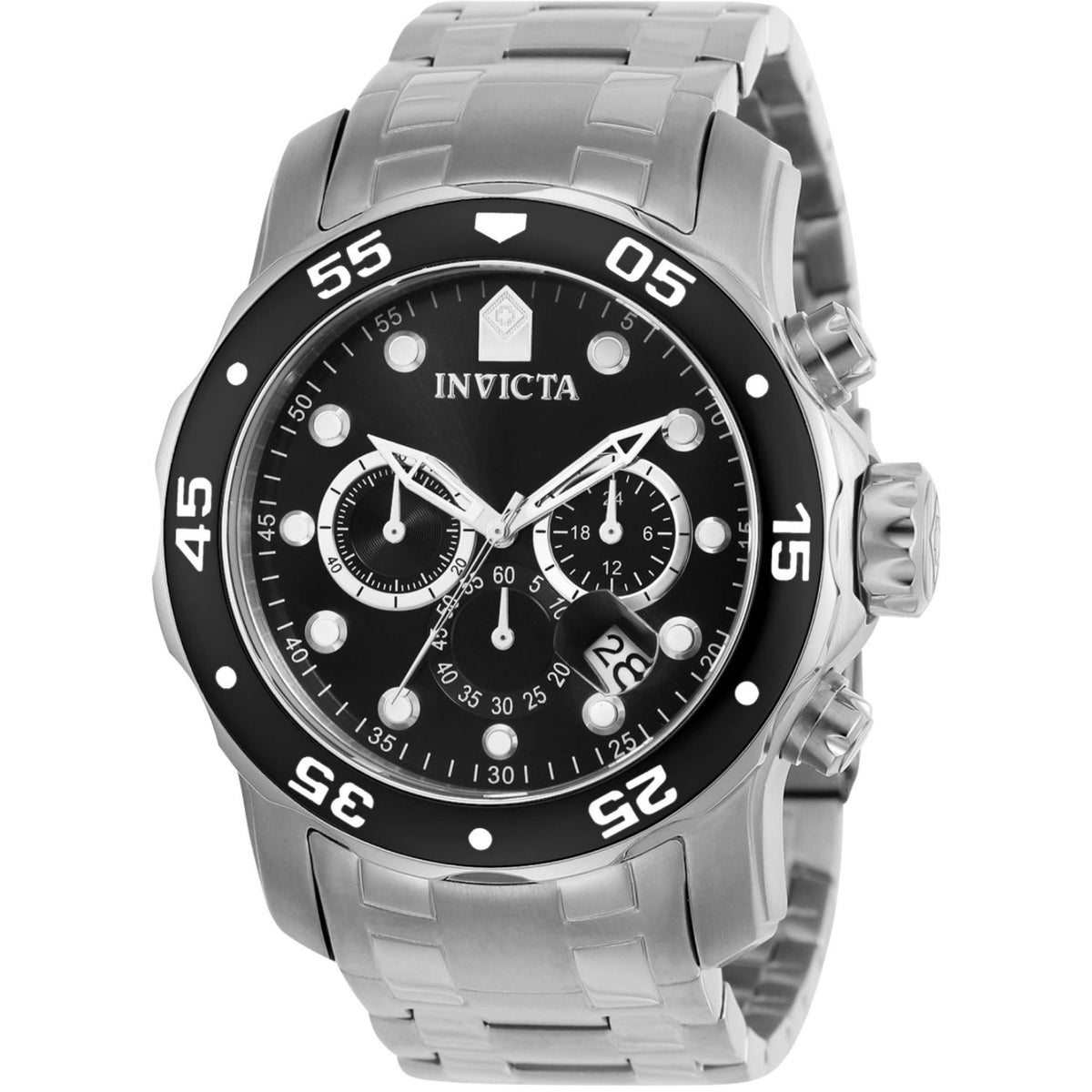 Men's Invicta Pro Diver chronograph wristwatch with black dial and stainless steel bracelet