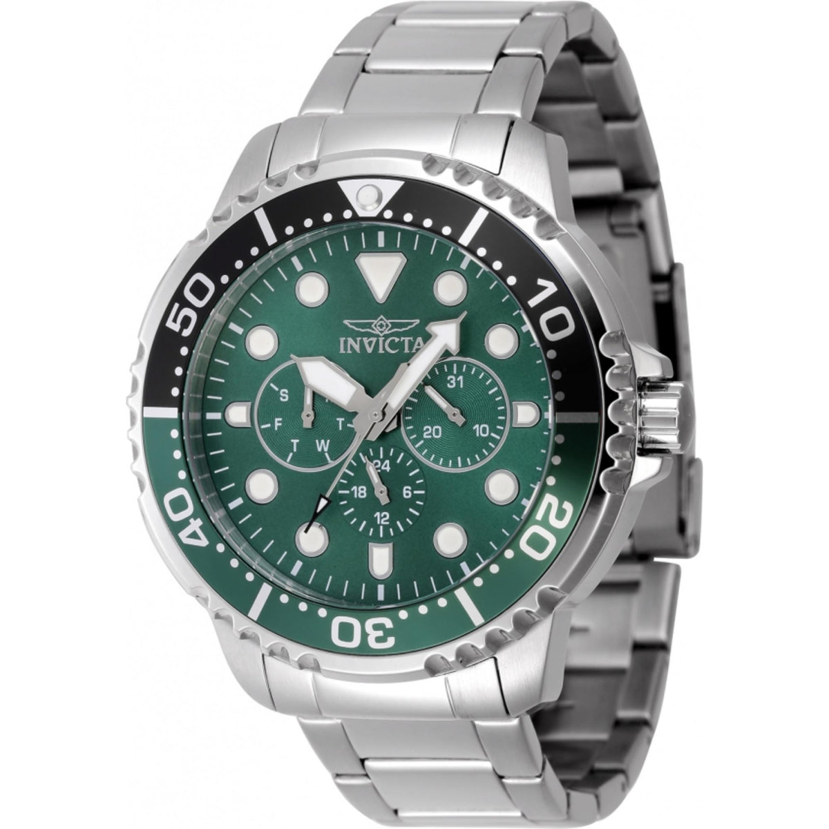 Men's Invicta pro diver watch with green dial, steel case and bracelet, diver bezel ring