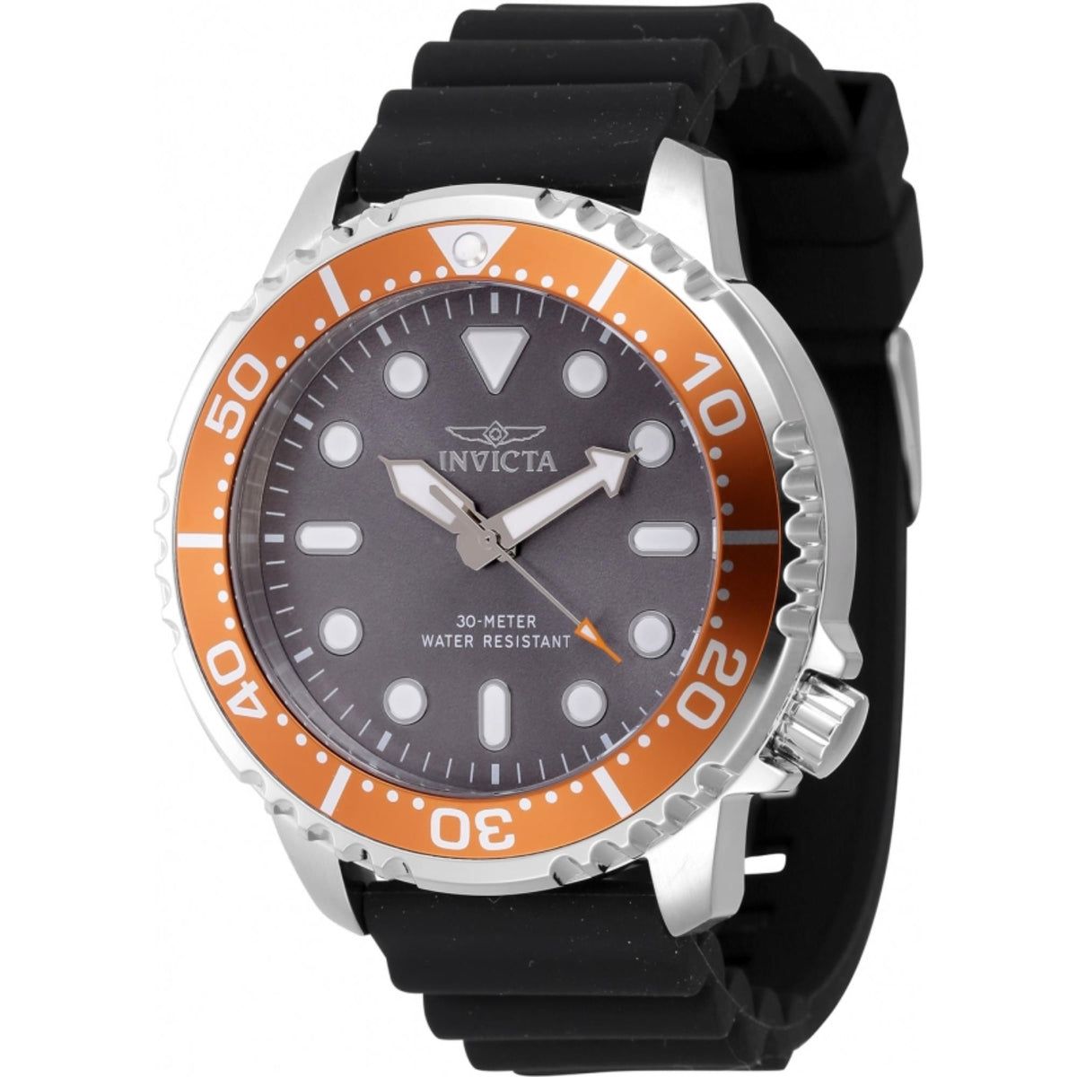 Men's dive watch with orange bezel, gray dial, and black silicone strap