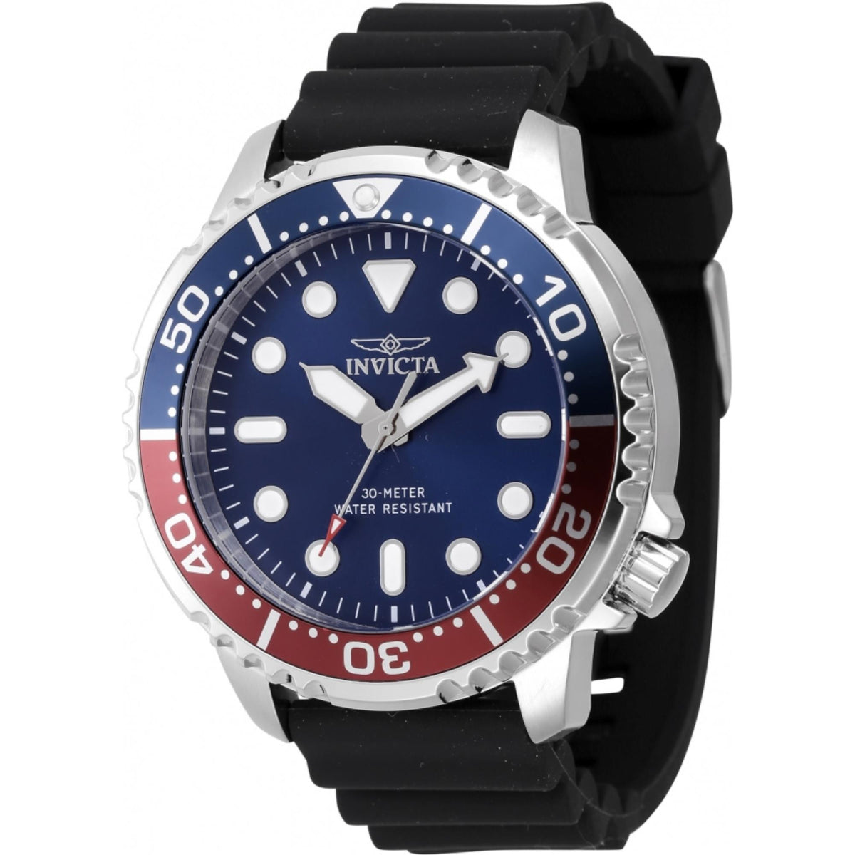 Blue dial diver watch with black silicone strap, silver case, and rotating bezel