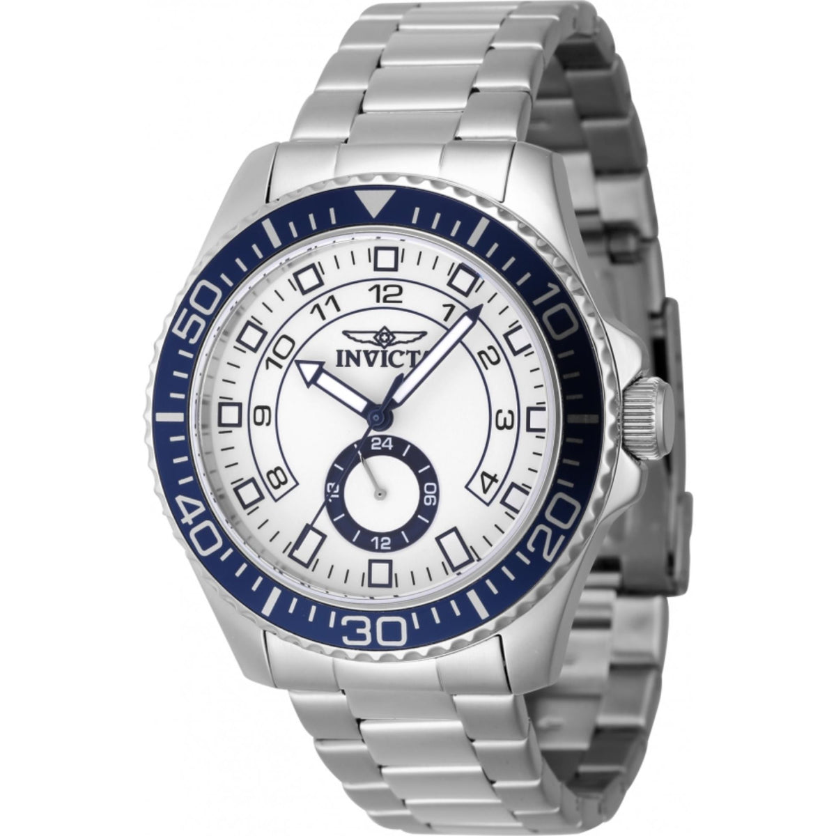 Men's stainless steel watch with white dial, blue bezel, and metal bracelet