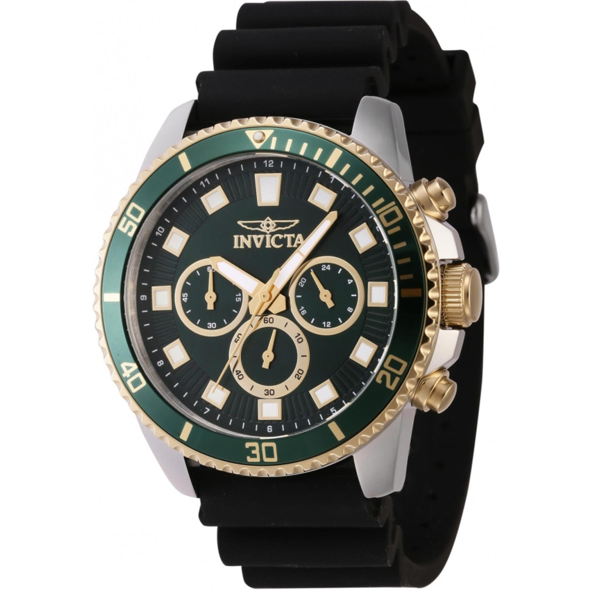 Men's Invicta chronograph watch with dark green dial, gold-tone case, black silicone strap