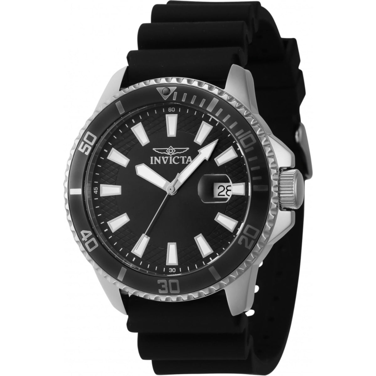 Men's dive watch with black dial, white indices, date window, and black silicone strap.