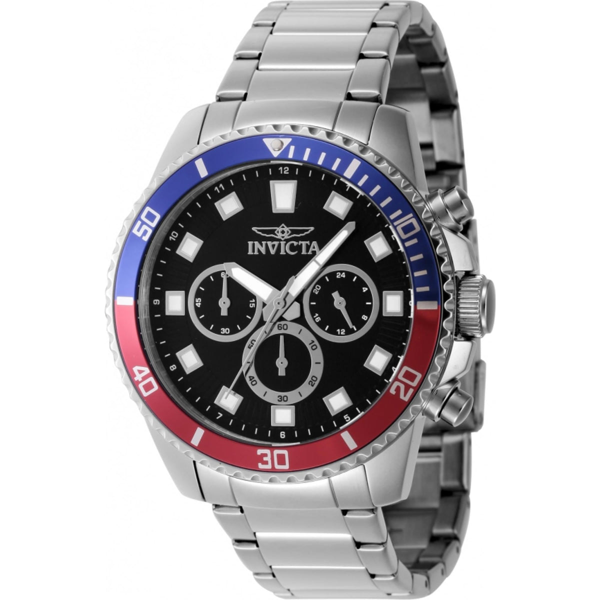 Men's steel chronograph wristwatch with black dial, blue/red bezel, metal bracelet