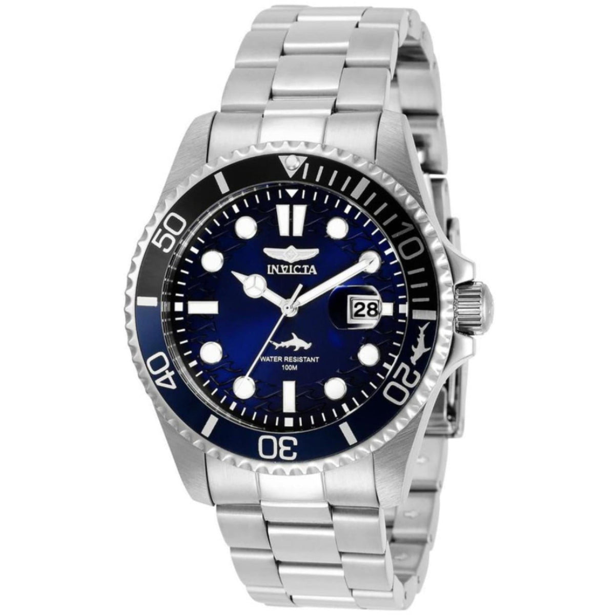 Steel men's dive watch with dark blue dial, rotating bezel, date window
