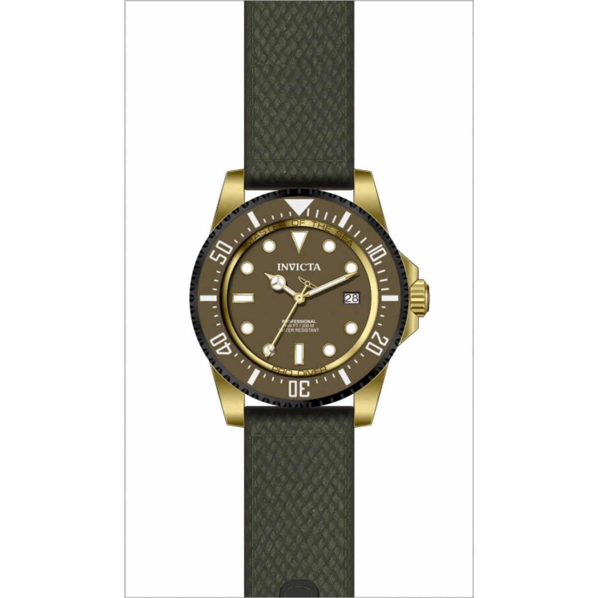 Green dial dive watch with gold-tone bezel, green fabric strap, and crown on the side
