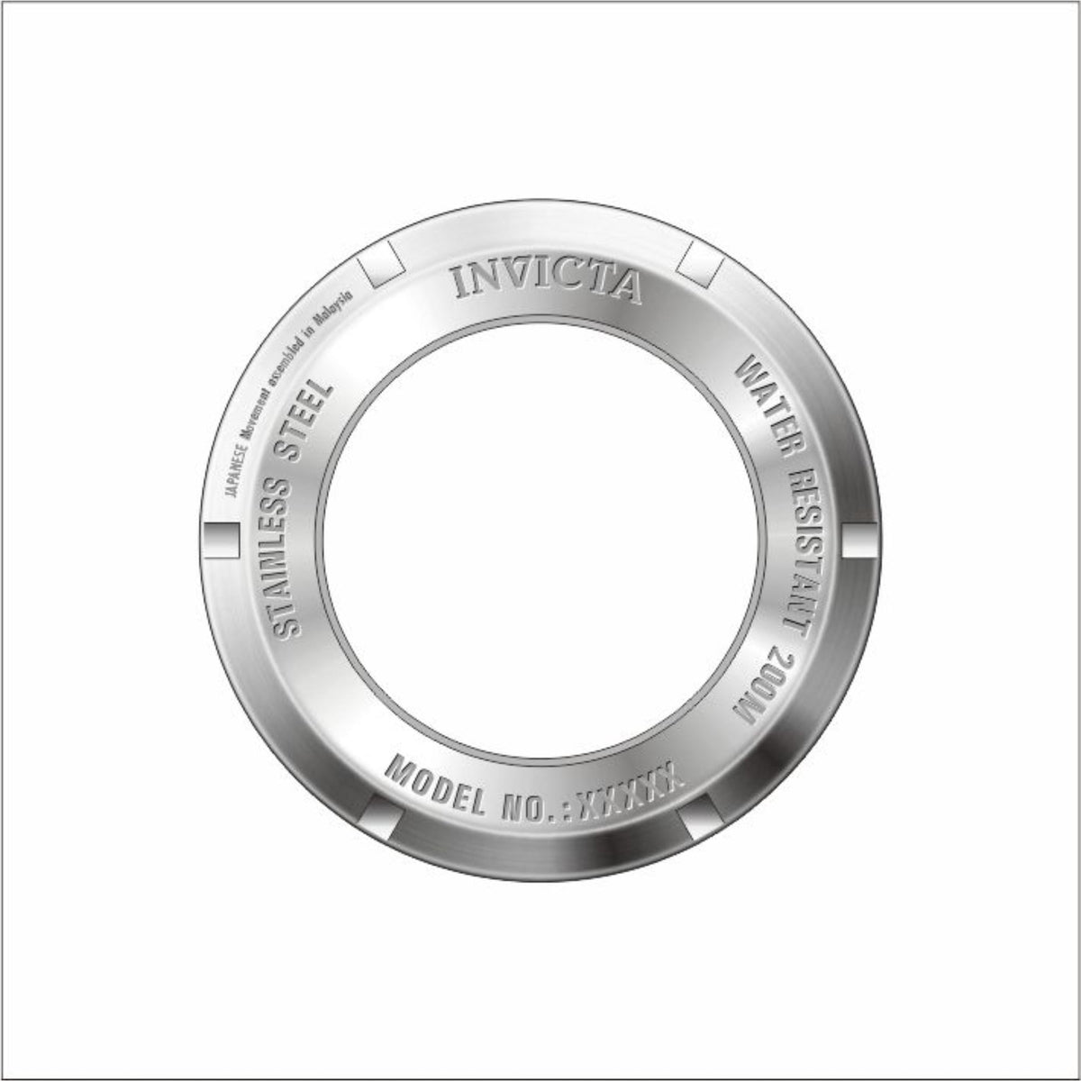 Silver stainless steel case back ring with INVICTA and WATER RESISTED text