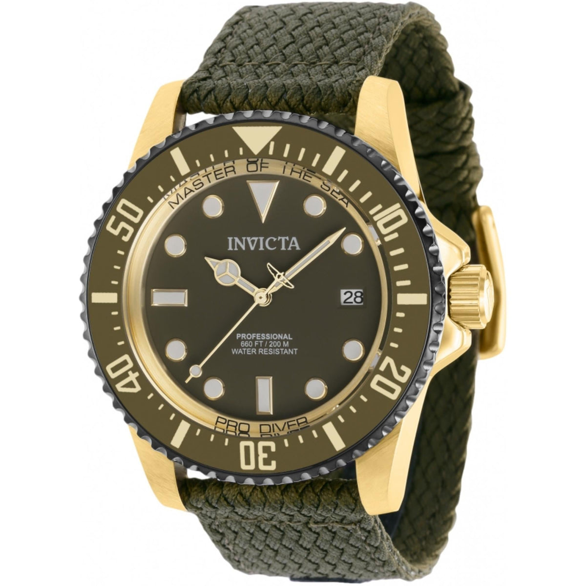 Men’s dive watch with gold bezel, dark green dial, and green woven fabric strap