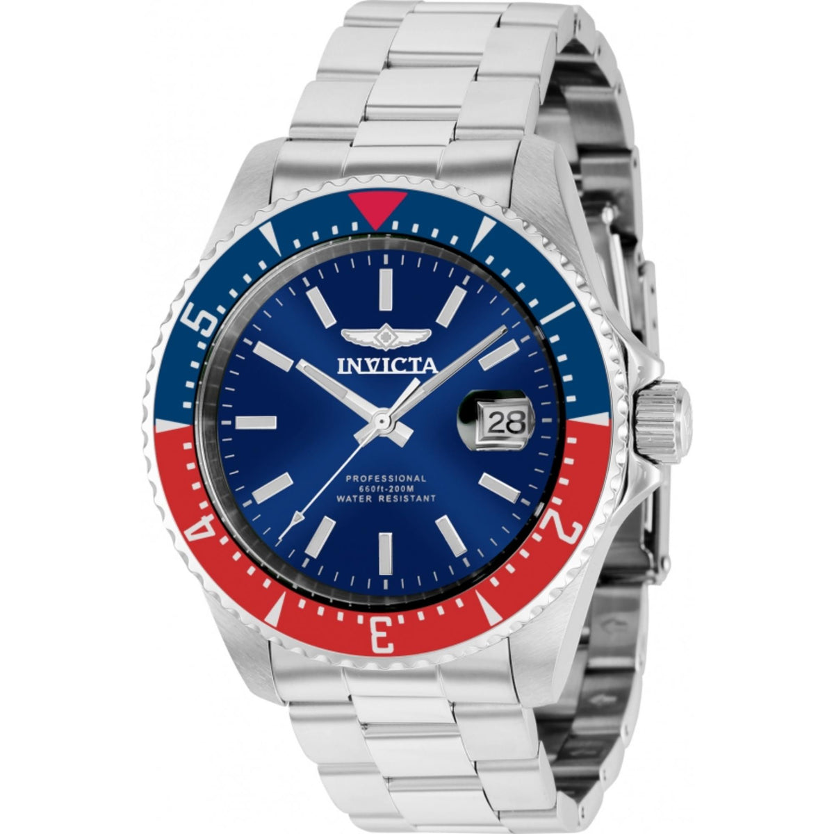 Men's stainless steel diver watch with blue dial, red bezel, and date window