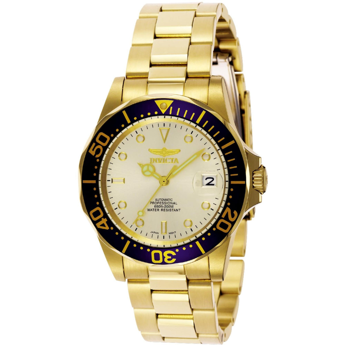 Gold-tone steel diver watch with champagne dial, blue bezel ring, and date window at 2