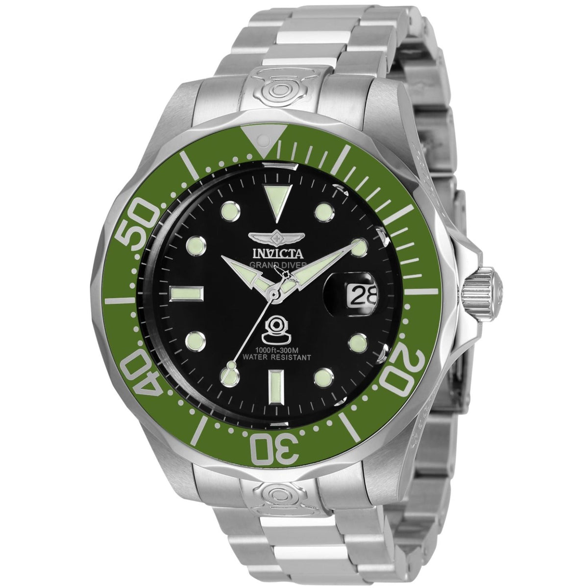 Men's Invicta dive watch front view with black dial, green bezel ring, steel strap