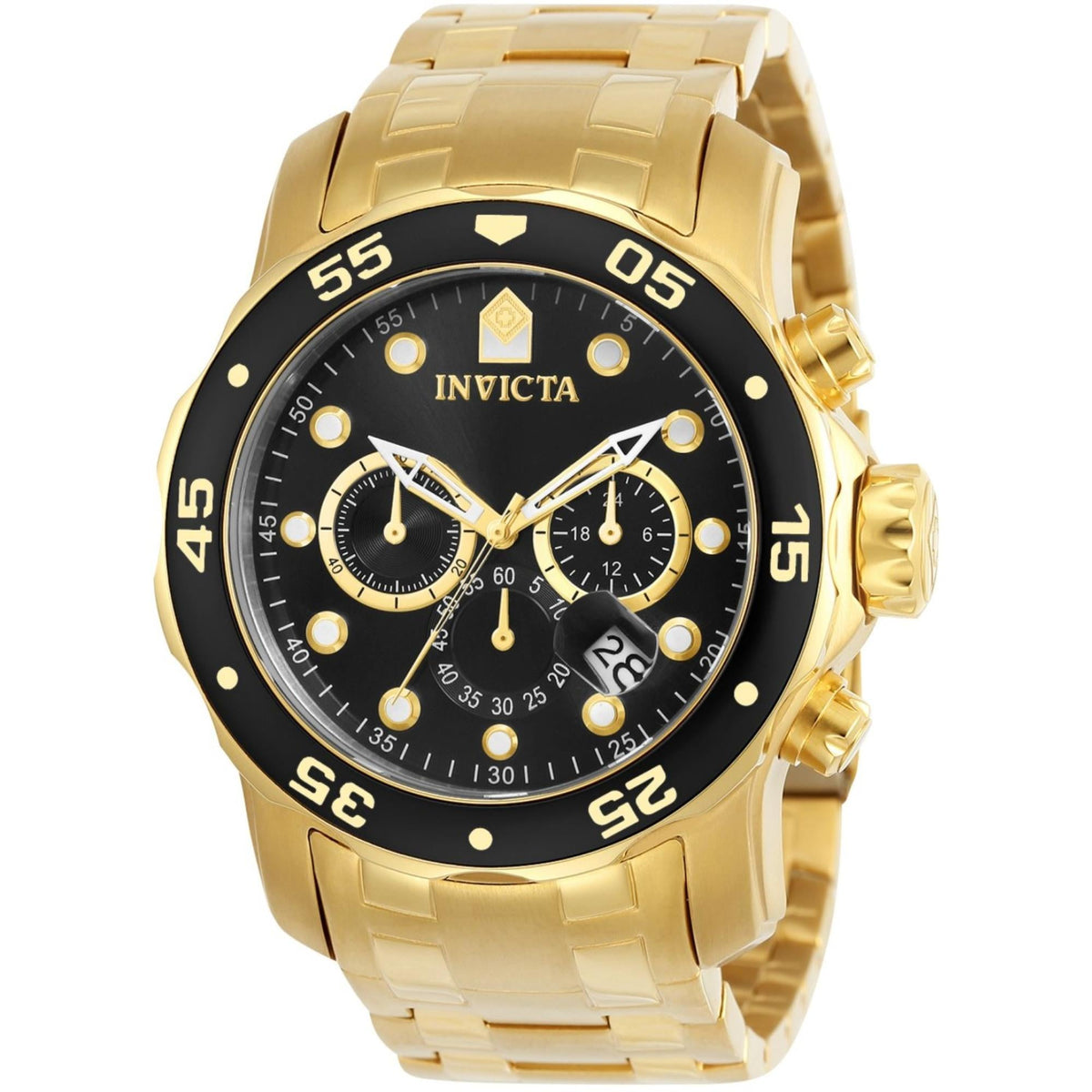 Gold-tone diver watch with black chronograph dial, three subdials, metal bracelet