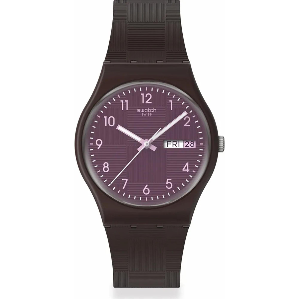 Purple dial wristwatch with dark case and ribbed dark silicone strap