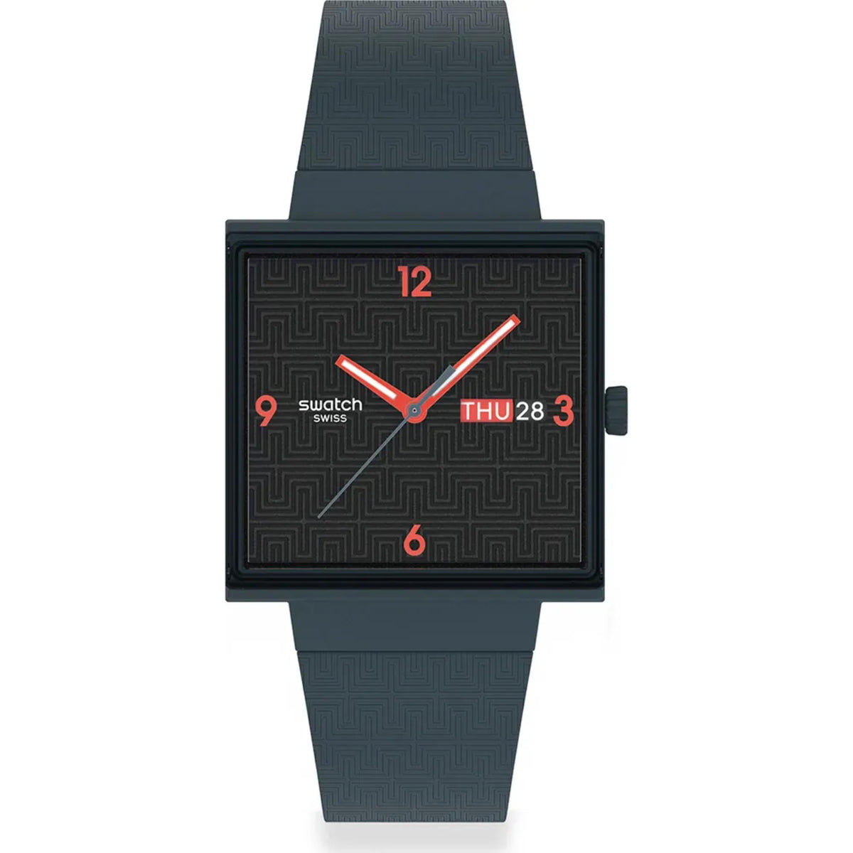 Square black dial quartz watch with red hands, THU 28 date, dark silicone strap