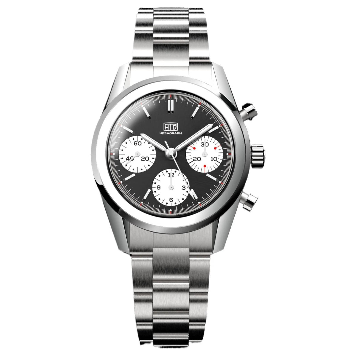 Men's steel chronograph watch with dark brown dial, three subdials, and crown at 3