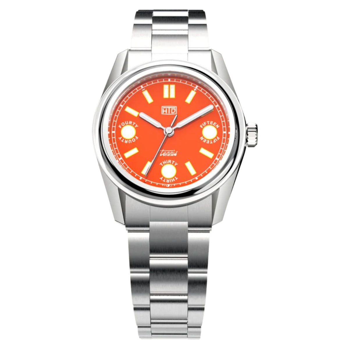 Orange dial steel sports watch with round bezel and metal link bracelet