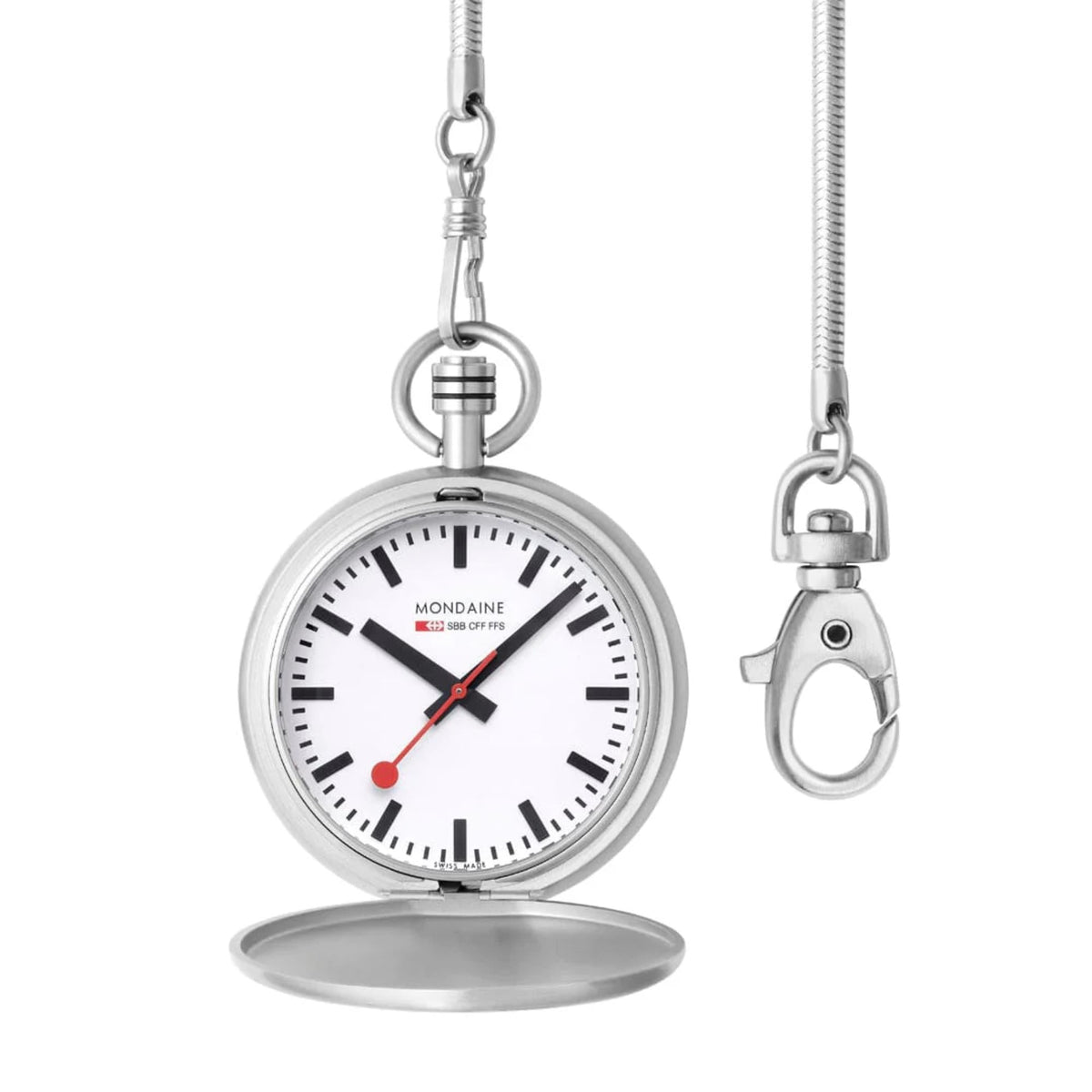 Silver-tone pocket watch with white dial and red second hand on long chain