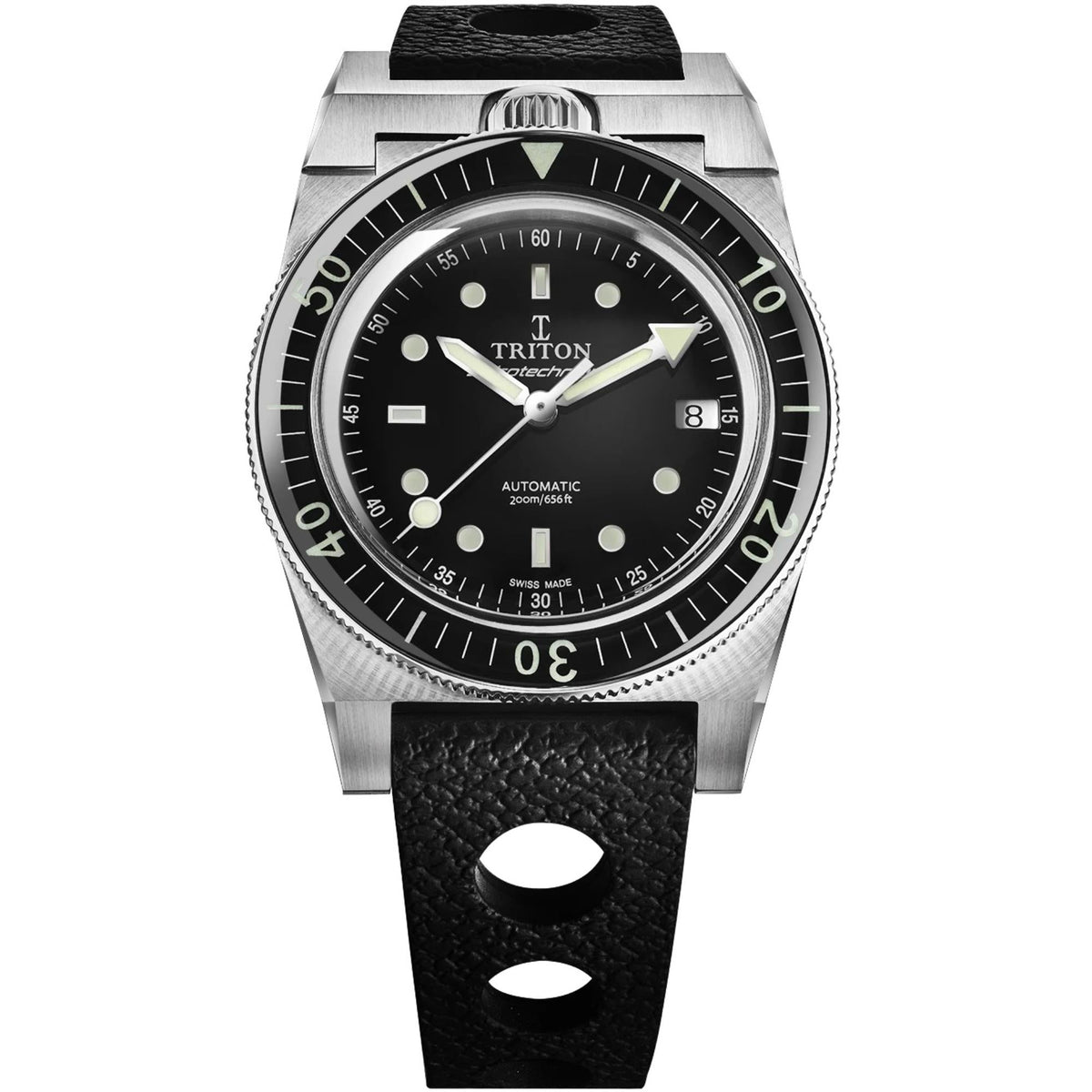 Men's dive watch with black dial, steel bezel, and black rubber strap