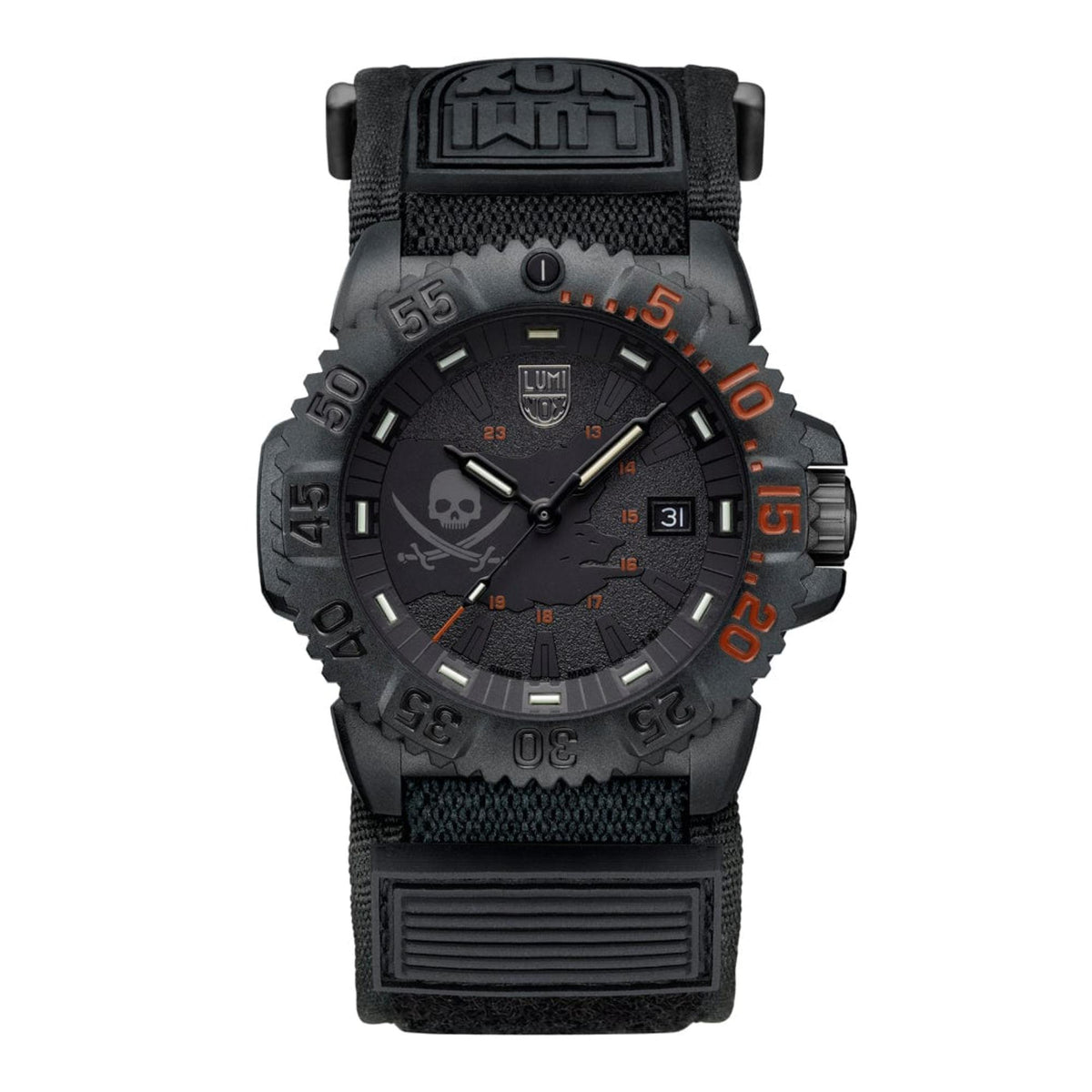 Black Luminox men’s pilot watch with skull dial, orange details, and Velcro fabric strap