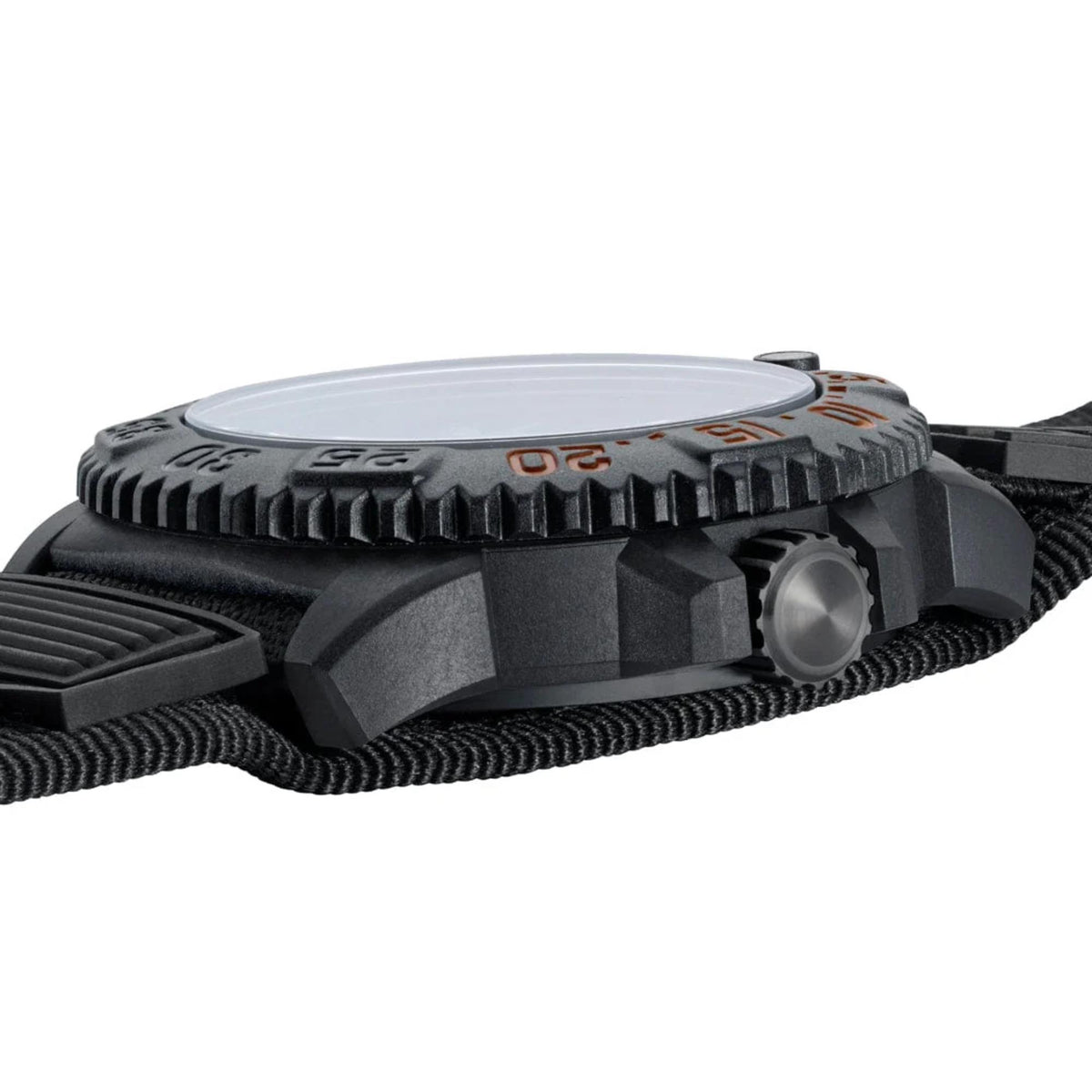 Side view of black pirate wristwatch case with textured bezel and crown