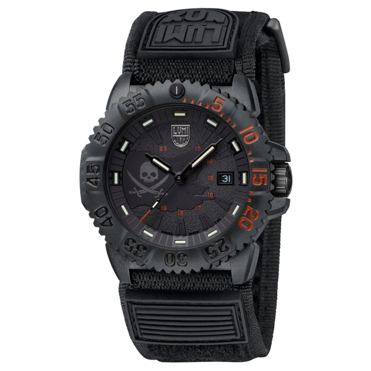 Men's black pirate wristwatch, skull dial with orange hour marks and date window