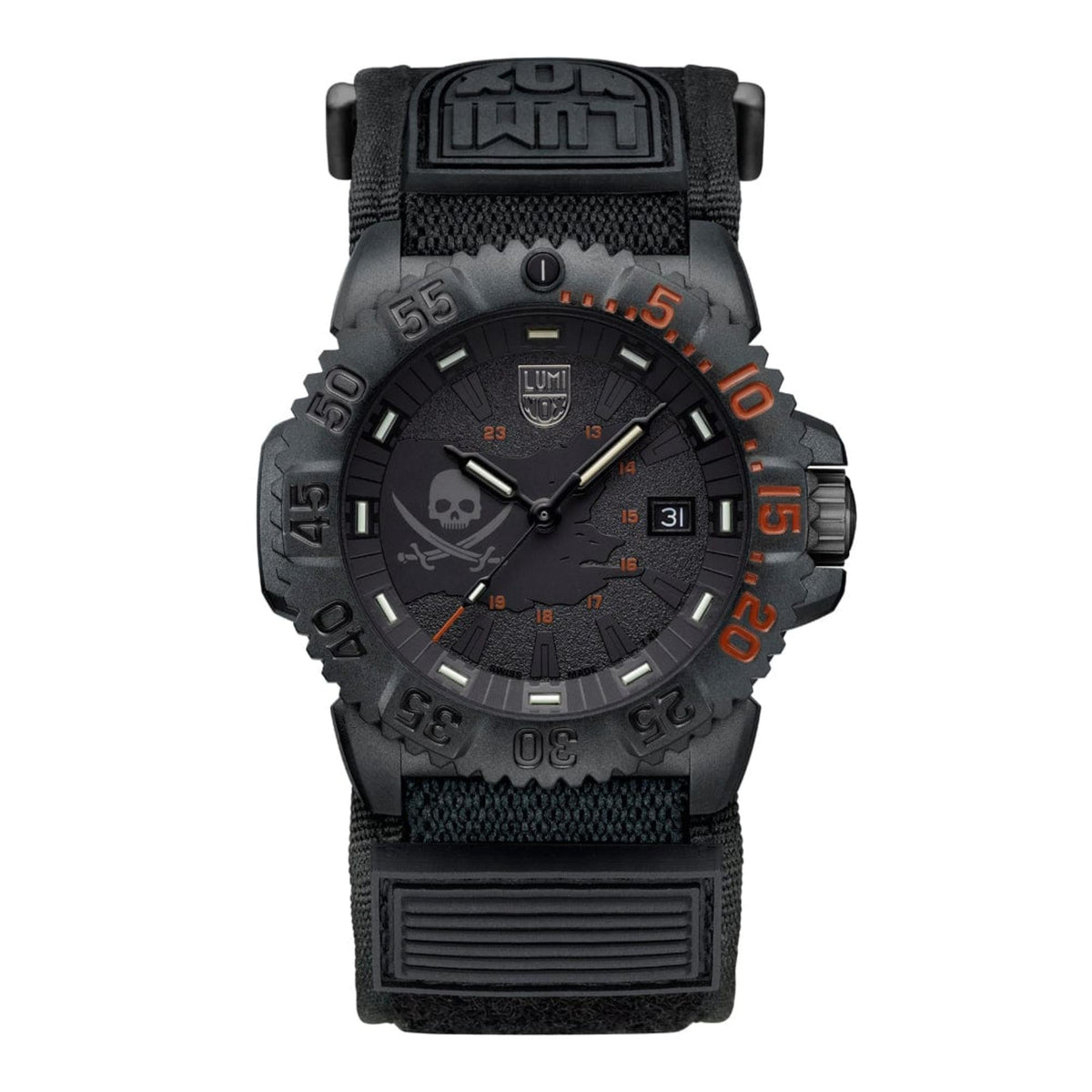 Men's black pirate wristwatch with skull dial, orange accents, Velcro fabric strap