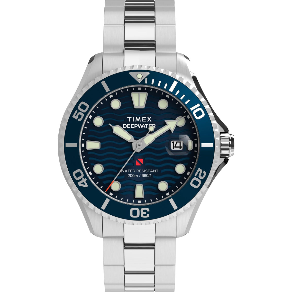 44mm blue dial steel men's quartz Timex watch with diver bezel