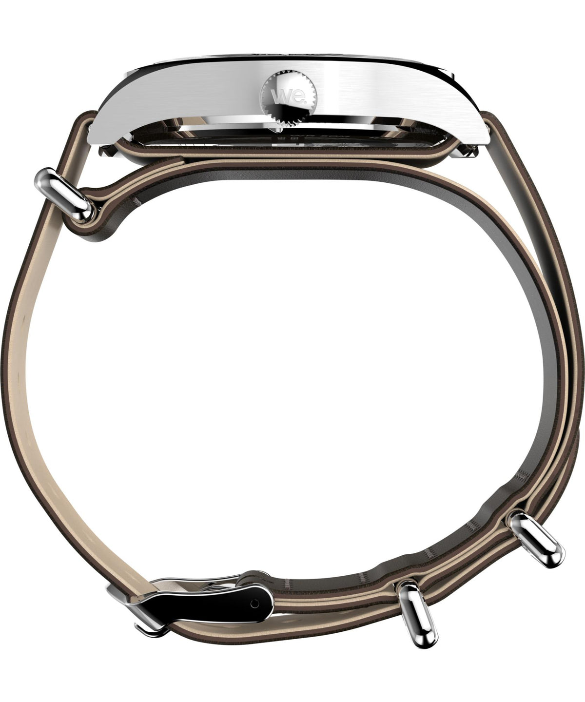 Stainless-steel Timex Weekender watch case with black accents, three-quarter view