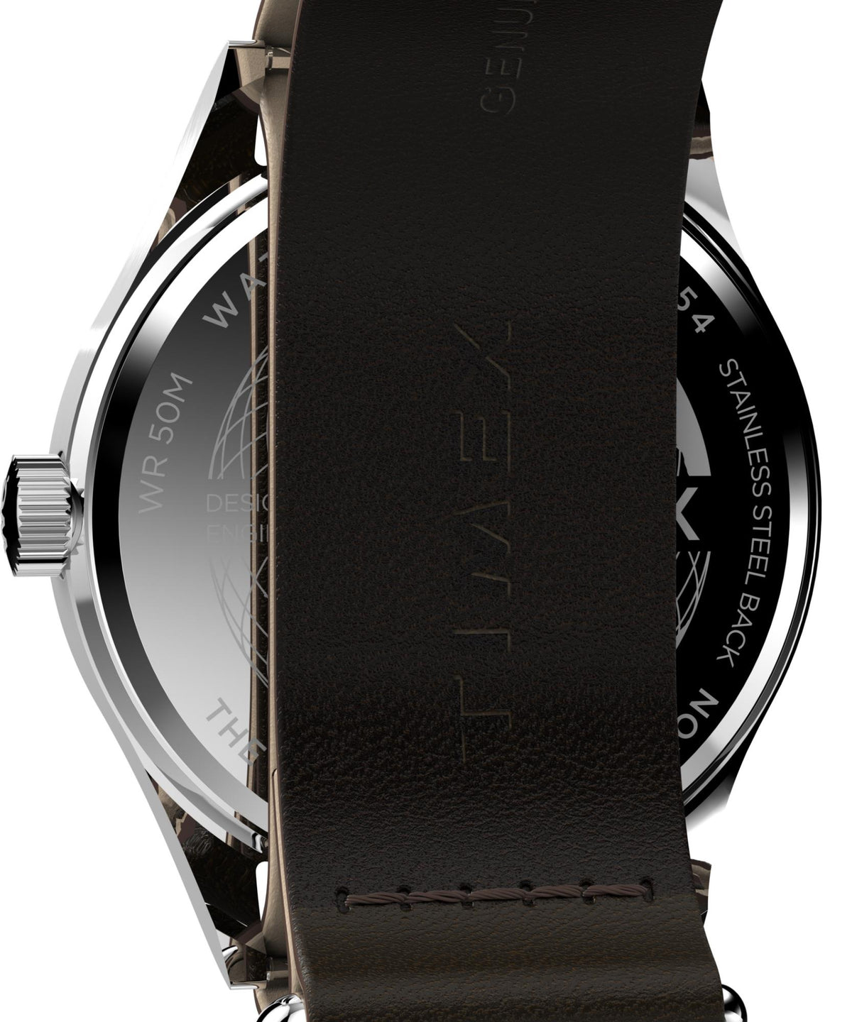 Timex Weekender watch side view featuring black leather strap over stainless-steel case