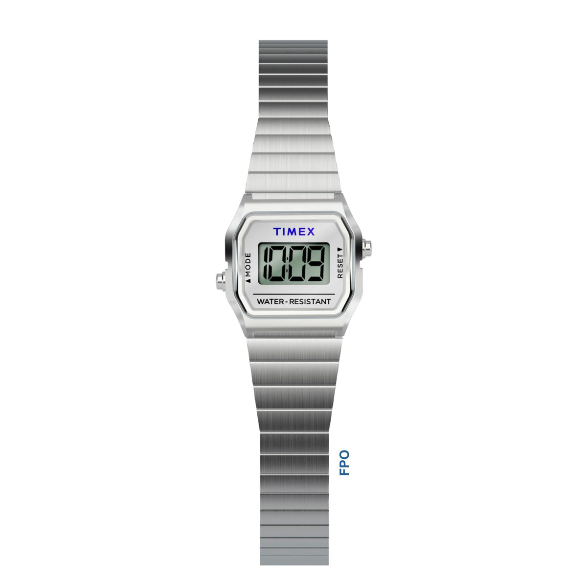 Timex digital ladies quartz watch on gray metal bracelet with green time display