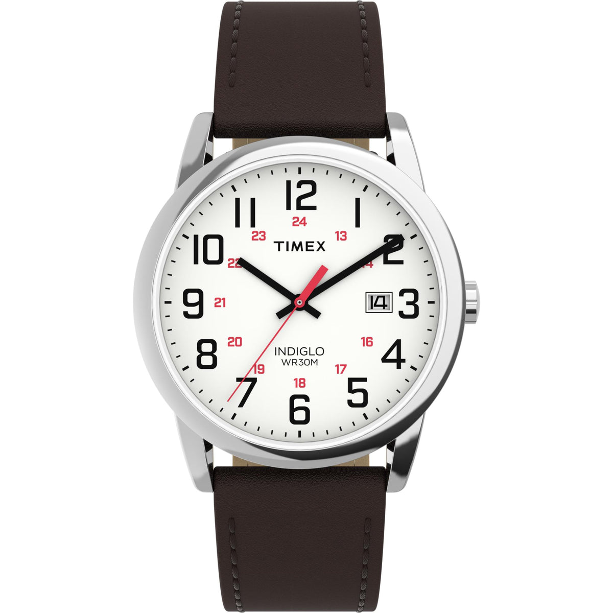 Men's Timex quartz wristwatch with white dial, black numbers, red center hand, brown leather strap