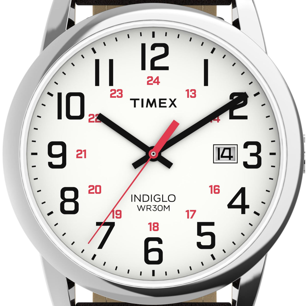 Timex watch face close-up: white dial, black Arabic numerals, red seconds hand, black hour/minute hands