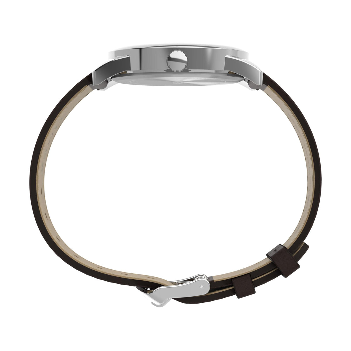Timex watch case side view with silver metal links and brown leather strap with stitching