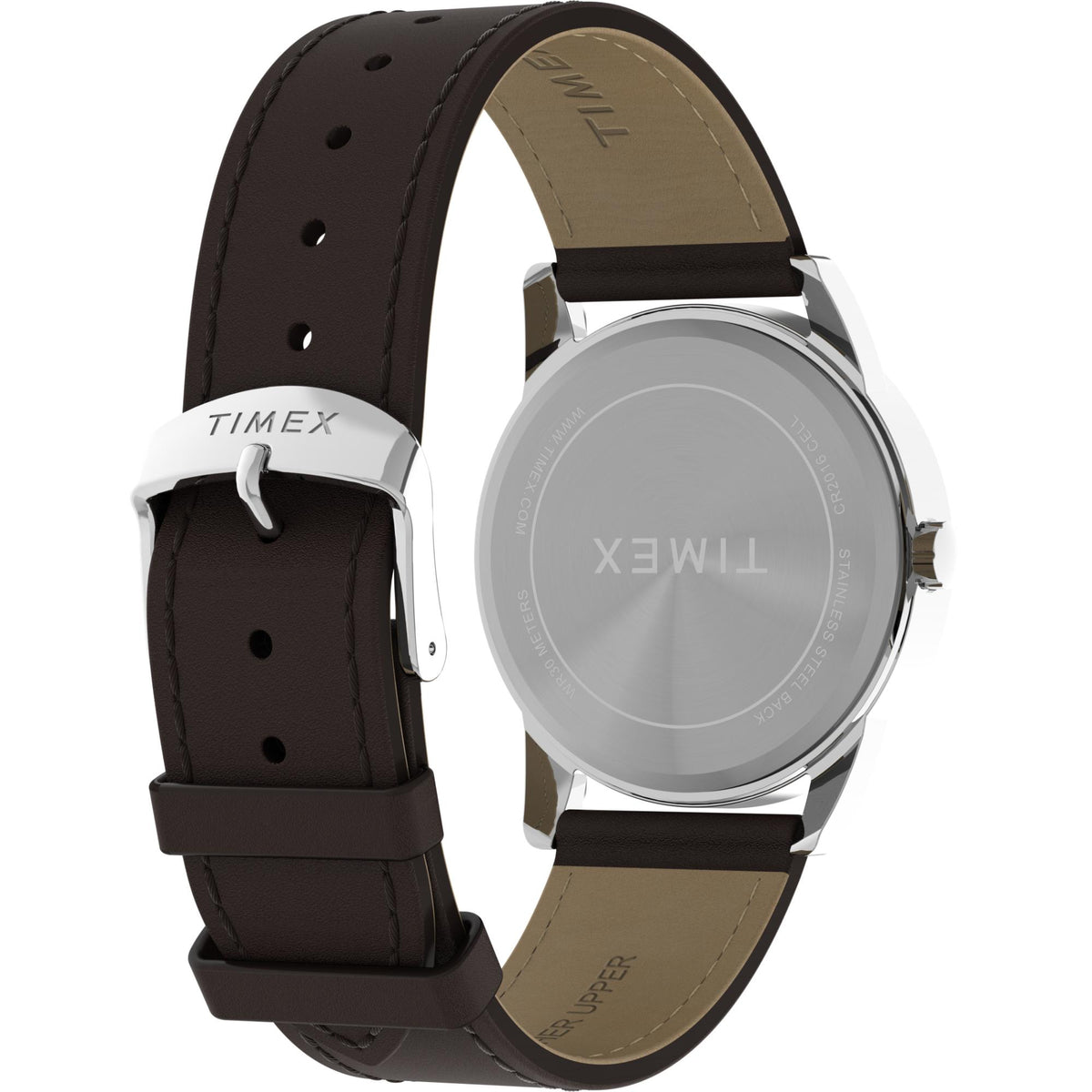 Timex watch side and caseback with brown leather strap and silver metal case