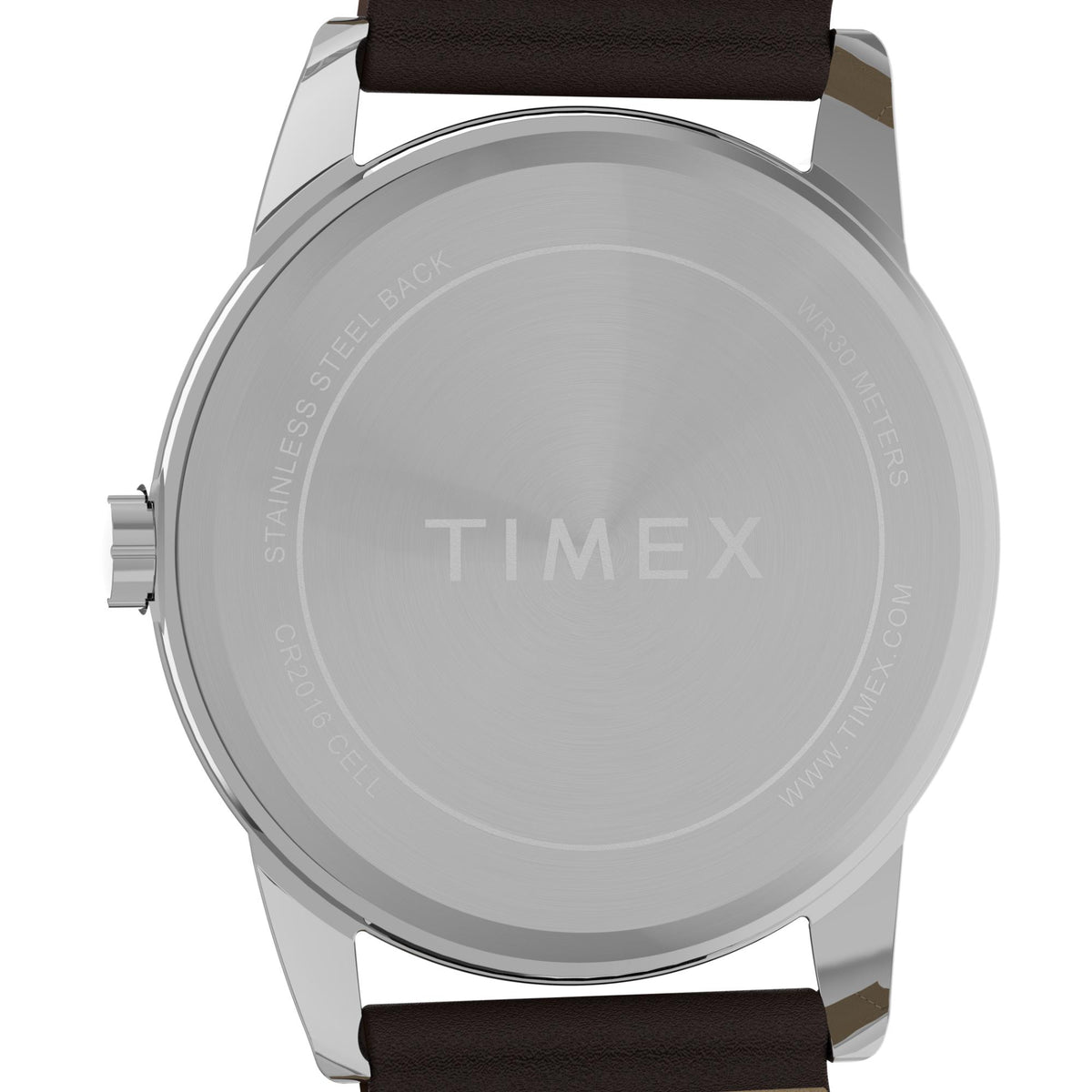 Timex stainless-steel caseback with engraved branding; brown leather strap attached